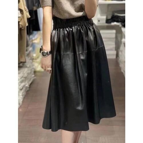 Midi Skirts Womens 2021 Korean Fashion Elegent High waist A Line Genuine Leather Skirt Female Streetwear