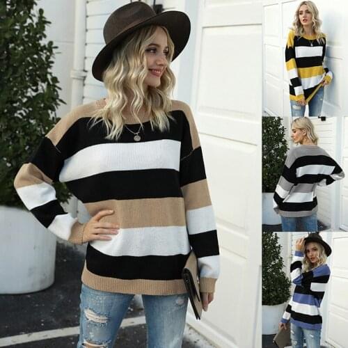 2021 Women Winter Sweaters Clothes Large Size Womens Contrast Color Striped Sweater Pullover Loose Sweater Woman Sweaters Coat