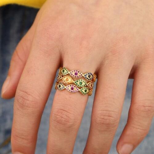 Gold filled rainbow multi color cz lucky cute lovely turkish evil eye cz engagement band stacking women ring fashion