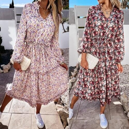 Sexy Ladies Dress Long Sleeve Autumn Maxi Dress For Women V Neck Ruffle Sundress Office Ol Business Dress Floral Printed D30