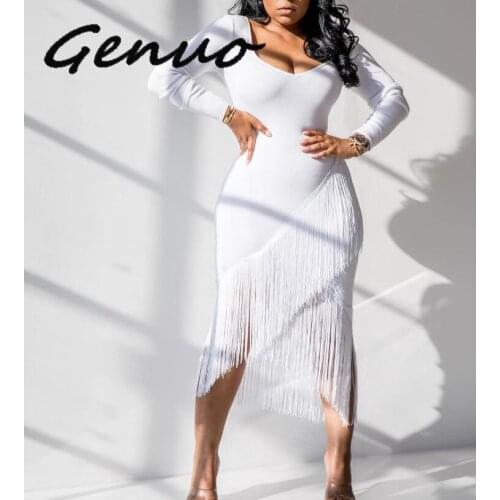 Genuo New Women Autumn Winter Full Sleeve Cute Girl Midi Dress Tassel HIgh Waist O-neck Club Night Party Bandage Dresses