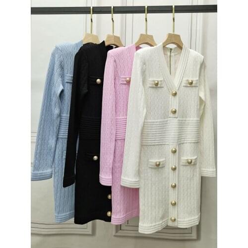 Autumn New 2021 Women Luxury High Quality V Neck Knitted Long Sleeve Slim Fashion Dress 4 Color Gdnz 7.15