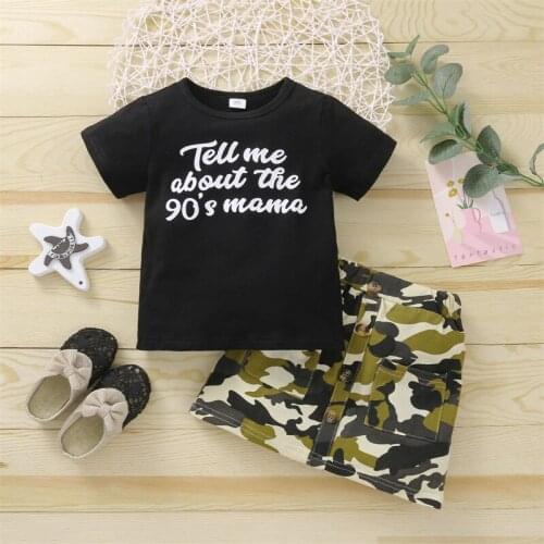 2021 New Girls Summer Clothes Letter Print Short Sleeve O-neck T-shirt + Camouflage Skirt 2 Piece Set for 1-6 years