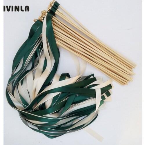 50pcs/lot evergreen and cream wedding ribbon wands with gold bell ribbon Twirling Streamers wedding ribbon stick