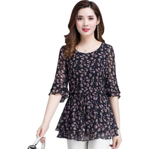 Womens Spring Summer Style Chiffon Blouses Shirts Womens Elegant O-neck Printed Half Sleeve Loose Tops SP533