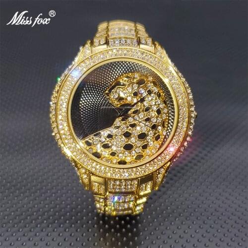 MISSFOX Gold Watch Luxury Style 3D Leopard Sunburst Black Dial Imitation Diamond Watches Man Jewelry Couple Gift Dropshipping