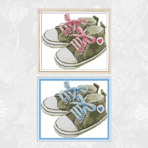 Needlework 14CT 11CT Baby shoes pink blue Counted Printed On Canvas Cross Stitch Schemes DIY Handmade Crafts Home Decoration