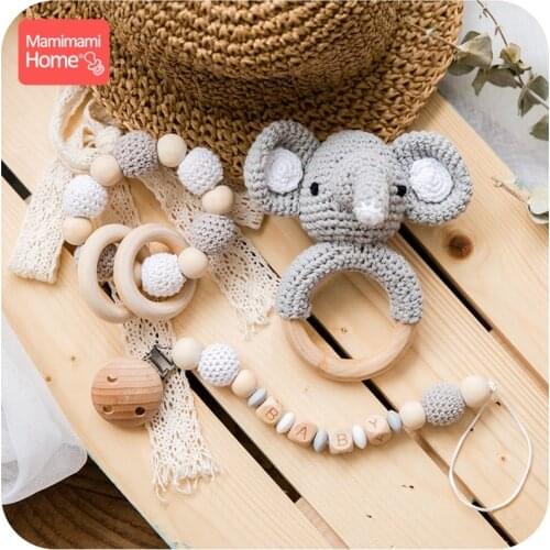 Baby Wooden Teether Crochet Animal Toys Wooden Blank Rodent Deer Rattle Pacifier Clip Pendant Silicone Beads ChildrenS Goods
