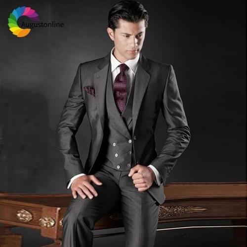 Italian Dark Grey Men Suits Wedding Slim Fit Groom Tuxedos 3Piece Pants Vest Best Man Blazer Jacket Terno Masculino