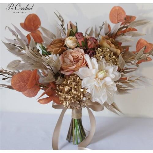 PEORCHID 2020 Champagne Gold Bridal Bouquets Roses Artificial Bride Holding Flowers Wedding Decoration Eucalyptus Peony Bouquet