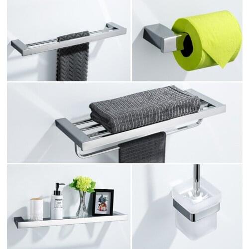 Simple Style Stainless Steel Bathroom Pendant Set Towel Rack Rod 304 Stainless Steel Towel Rack Shiny Silver Bath Glass Shelf