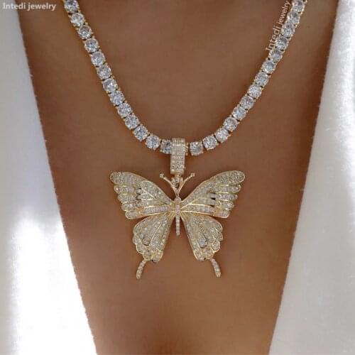 Luxury Butterfly Pendant Necklace sparking bling Iced Out Tennis Chain Choker Cubic Zircon Stone Gold color Hip hop Rock Jewelry