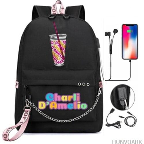 Charli Damelio Backpack Teenager Boys Girls USB Charge School Bag Women Pink Laptop Bagpack Men Travel Bagpack Bookbag Mochila