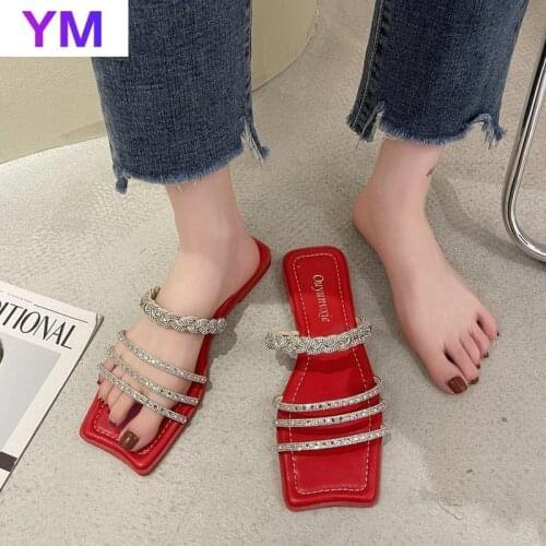 Square Toe Outside Women Summer Sandals Crystal Solid Shallow Flat Slides Concise Zapatillas Mujer Casa Peep Toe Gladiator