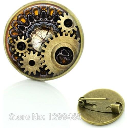 Steampunk jewelry Vintage Egyptian Brooches pins Glass cabochon clock gears picture pin Fashion mandala Christmas gift C172