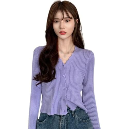 Womens V Neck Solid Color Tee Shirt Autumn Casual Sweet Knitted Long Sleeved Cardigan Tops