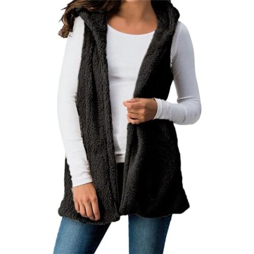 Women Lady Solid Color Plush Sleeveless Hoodie Vest Warm for Autumn Winter JL