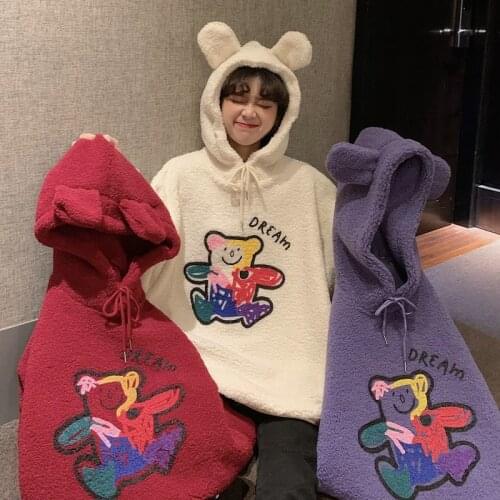 Bear ear hat pullover hoodie imitation lamb wool Korean winter ladies hoodie 2020 new Harajuku