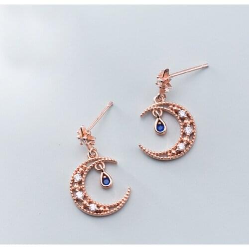 MloveAcc High Quality 100% 925 Sterling Silver Sparkling CZ Moon and Star Drop Earrings for Women Sterling Silver Jewelry