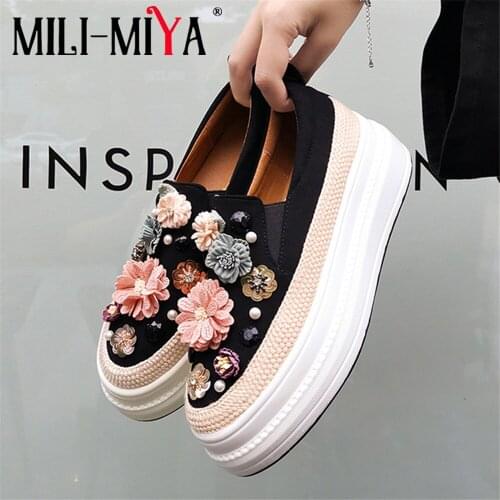MILI-MIYA Fashion Flower Women Sheep Skin Flats Slip On Platform Casual Street Spring Autumn Shoes Size 34-40 Handmade For Ladie