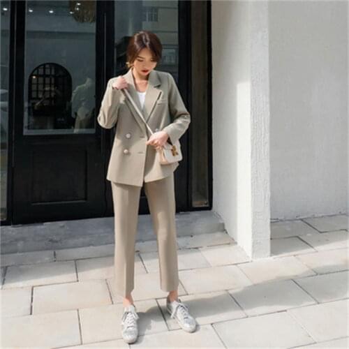 Fashion Pant Suits female spring fall New Loose casual Double-breasted vintage Business suit + pants two-piece OL Suit women
