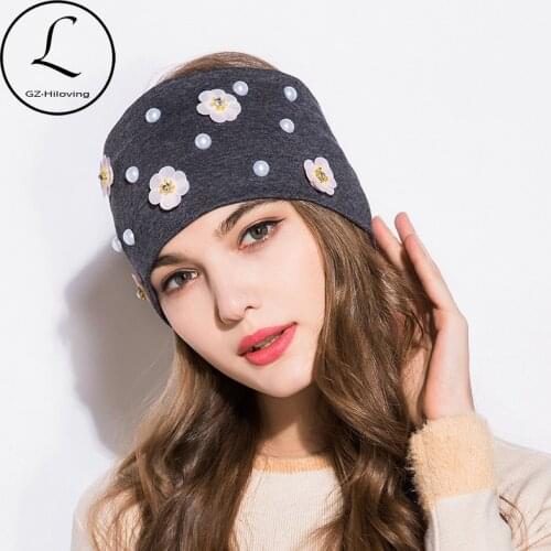 GZHILOVINGL Flowers Pearls Wide Cotton Girls Headwear Hair Accessories 2018 New Spring Summer Fashion Women Black Grey Headbands
