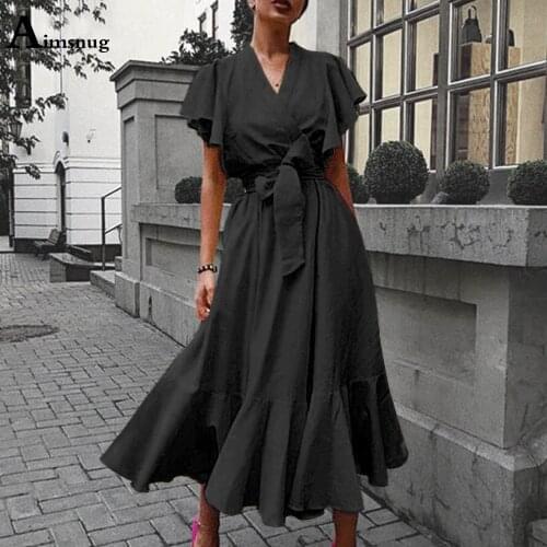 Plus size 3xl Women Elegant Mid-Calf Dress 2021 Patchwork Sashes V-neck Party Dresses Butterfly Sleeve Vintage Dress Femme