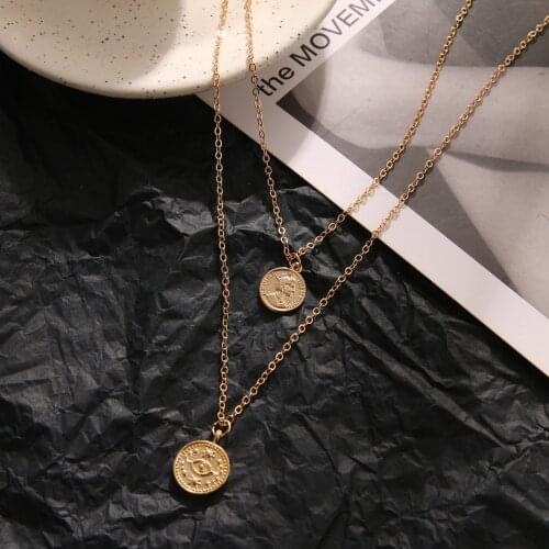 Vintage Retro Round Portrait Eye Coin Pendant Necklace Statement Charm Ethnic Multilaye Necklace For Female Punk Gold Gift