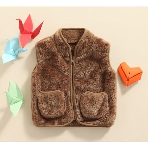 Infant Baby Sleeveless Plush Vest Cute Casual Kids Solid Color V-Neck Zipper Outer Jacket With Pockets