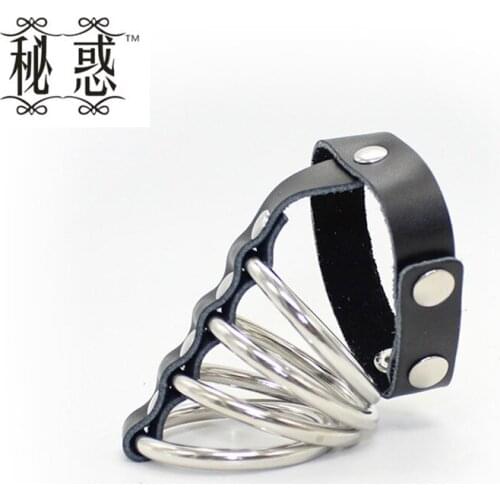 5 Rings Delay Pu Metal Leather Cock Penis Ring Extender Cage Impotence Erection Aid Erectile Dysfunction Sex Product Toy Shop