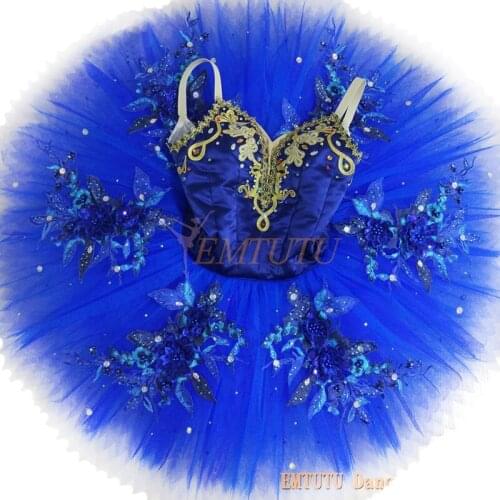Women Girls Blue Bird Professional Pancake Ballet Tutu Blue Golden Adult Le Corsaire Classical Ballet Costume Platter Tutu Dress