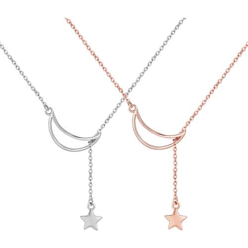 BAMOER New Arrival Fashion 925 Sterling Silver Moon and Star Tales Chain Link Pendant Necklaces for Women Fine Jewelry SCN108