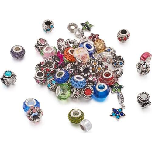 60pcs Alloy European Beads Large Hole Lampwork Beads for DIY Jewelry Bracelets Bangles Making Rhinestone Mixed Color