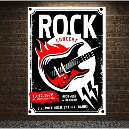 Guitar Flag Rock Band Canvas Painting Music Cafe Bar Poster Retro Banners Wall Decor Rock Is Not Dead Wall Sticker Tapestry
