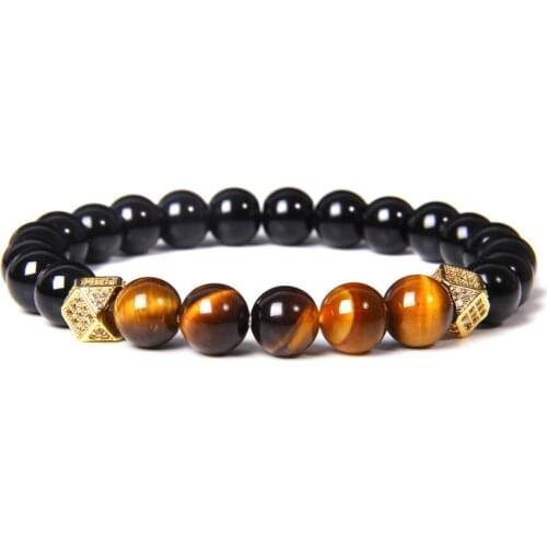 Classic Men Natural Tiger Eye Stone Beads Bracelet Handmade Black Onyx Beads Micro Pave CZ Ball Charm Bracelet Jewelry for Women