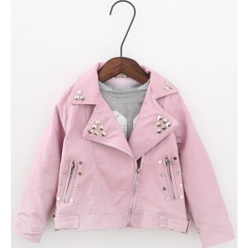 Girls Leather Jacket 2021 Spring Autumn Fashion Children Clothing Pure Color Rivet Decoration PU Leather Jacket Children Zipper