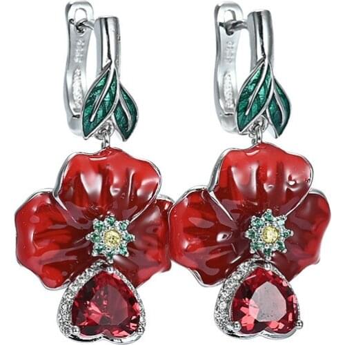 New Trendy Luxury Silver Enamel Drops Dangle Earrings for Women Bright Heart Shaped Red Zircon Crystal Wedding Earrings Gift