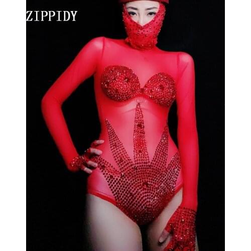 New design Sparkly Red Rhinestone Mesh Bodysuit Performance Dance Outfit Women Bar Dance Stage Sexy Costume Celebrate