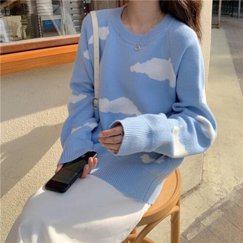 Autumn and Winter Chic Loose Lazy Harajuku Womens Sweater Cute Cloud Print Slim Long Sleeve Ladies Top