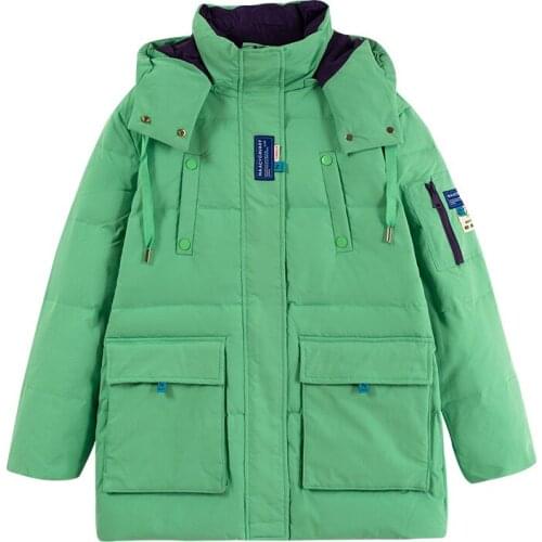 2021 new style down jacket women fashion tooling mid-length mint green loose white duck down hooded long-sleeved jacket