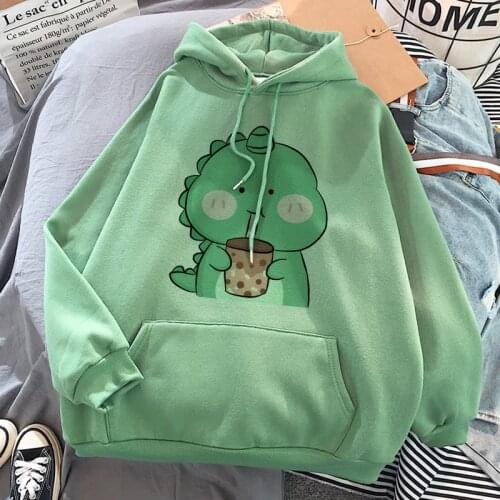 Dinosaur Oversized Hoodie Women Fashion Kawaii Sweatshirt Cartoons Korean Style Streetwear Thicken Pullover Winter Hoodie Tops