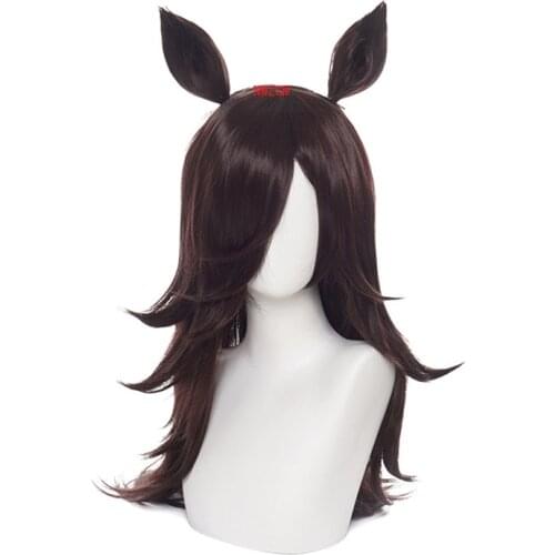 Uma Musume Pretty Derby Rice Shower Cosplay Wig with Ears Long Brown Heat Resistant Synthetic Hair Wig Hallowen Party Role Play