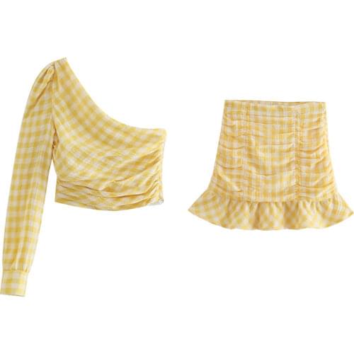 Za Women New Retro Slant Shoulder Asymmetric Long Sleeve Slim Shirt Elegant Sexy Short Top And Ruffle Mini Skirt XITIMEAO