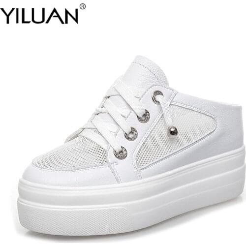 2020 summer Hollow Leather white slippers Cross tied womens shoes Mesh Flat Small size 32-40 Flat Platform Casual Shoes woman