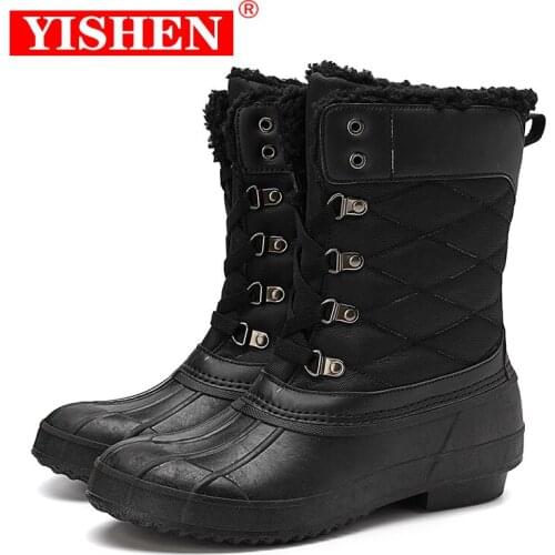 YISHEN Women Rain Boots Water Sand Proof Womens Winter Duck Boots Mid-calf Warm Plush Lace-up Size 36-42 Fashion Casual Shoes