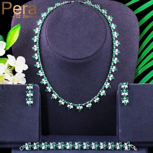 Pera Exclusive Green CZ Zircon Leaf Shape Choker Necklace Earring Bracelet Jewelry Sets for Women Wedding Dress Accessories J383