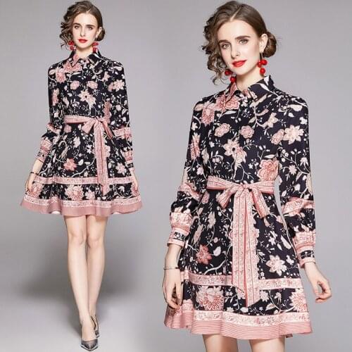 Dropshipping Spring Summer Fall Autumn Floral Print Collar Bow Lantern Sleeve Women Ladies Party Casual A-Line Beach Short Dress