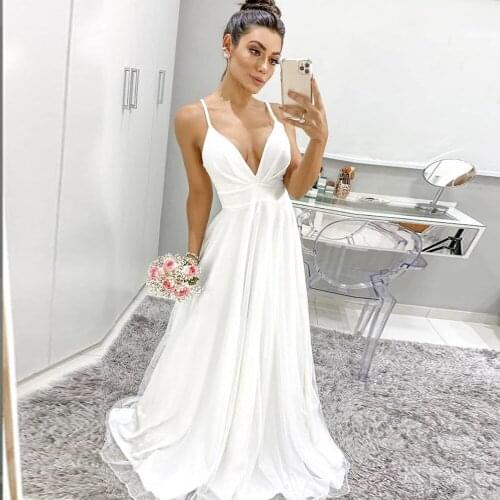 Simple Beach Wedding Dress 2020 V-neck Spaghetti Straps A-line Sexy Bridal Gowns Sweep Train White Ivory Custom vestido de noiva
