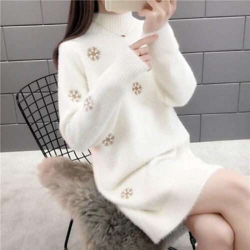 2021 New Spring Autumn Women Sweet Floral Embroidered Knit Sweater Dress Long-Sleeve Pullover Straight Ladies Elegant Tops