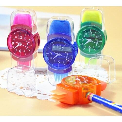 1Pc Creative Grinder Cartoon Watches Sliced Pencil Sharpener With Erasers Brush